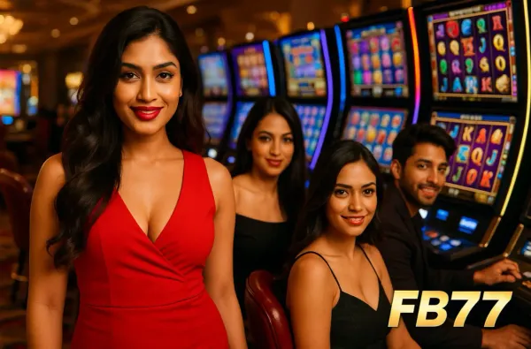 উজ্জ্বল স্লট মেশিনের পাশে হাস্যোজ্জ্বল এক নারী—যা FB77–এর রোমাঞ্চকর স্লট সংগ্রহকে উপস্থাপন করে।
